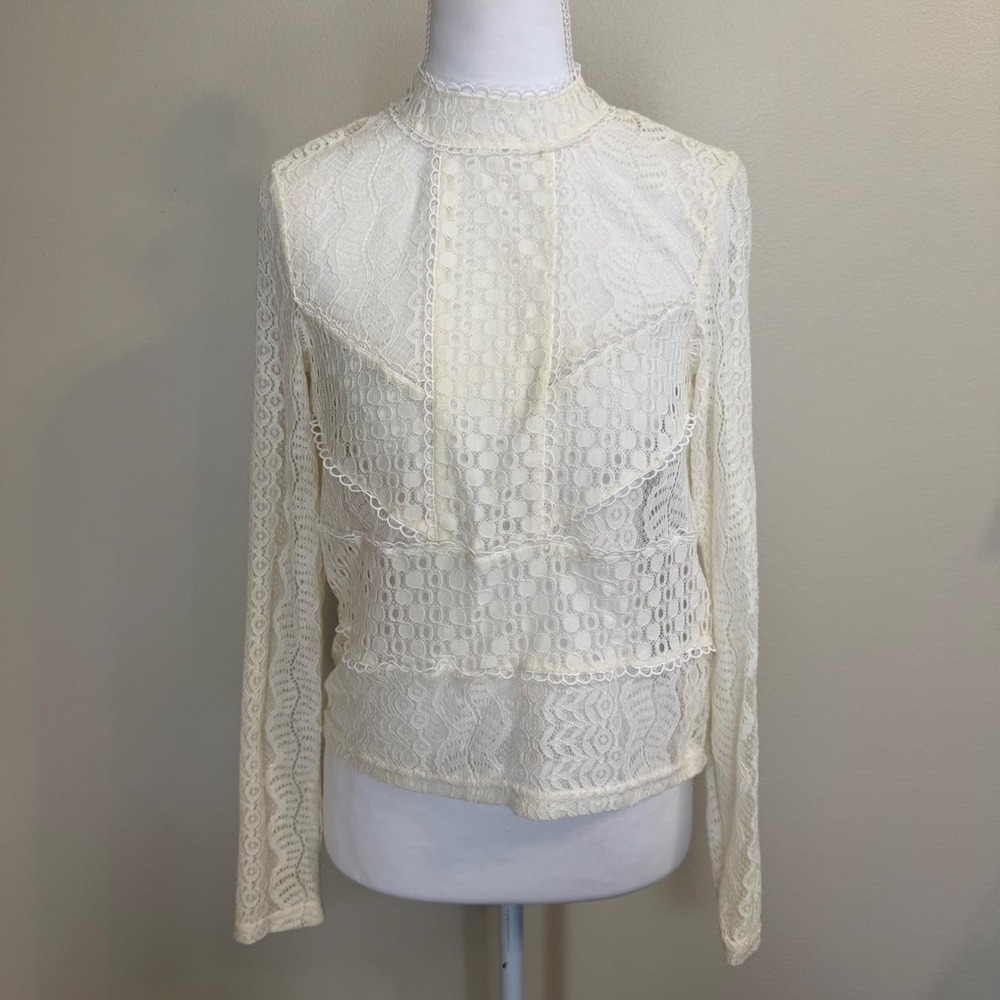 Mock Neck Sheer Lace Blouse Womens 0 Victorian Dainty Romantic Fairy Cottage